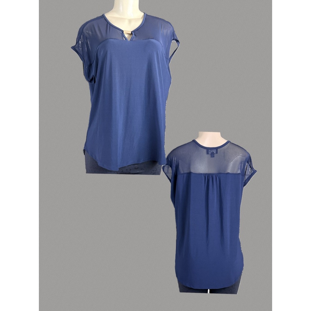 AUW L Navy Mixed Media Blouse Mesh Yoke Short Dolman Sleeve Scoop Keyhole Neck